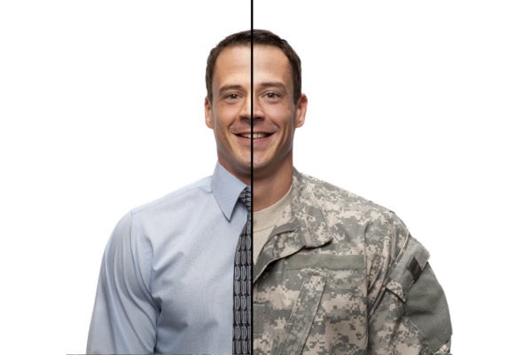 split image with man dressed as a business professional on one side and a soldier on the other